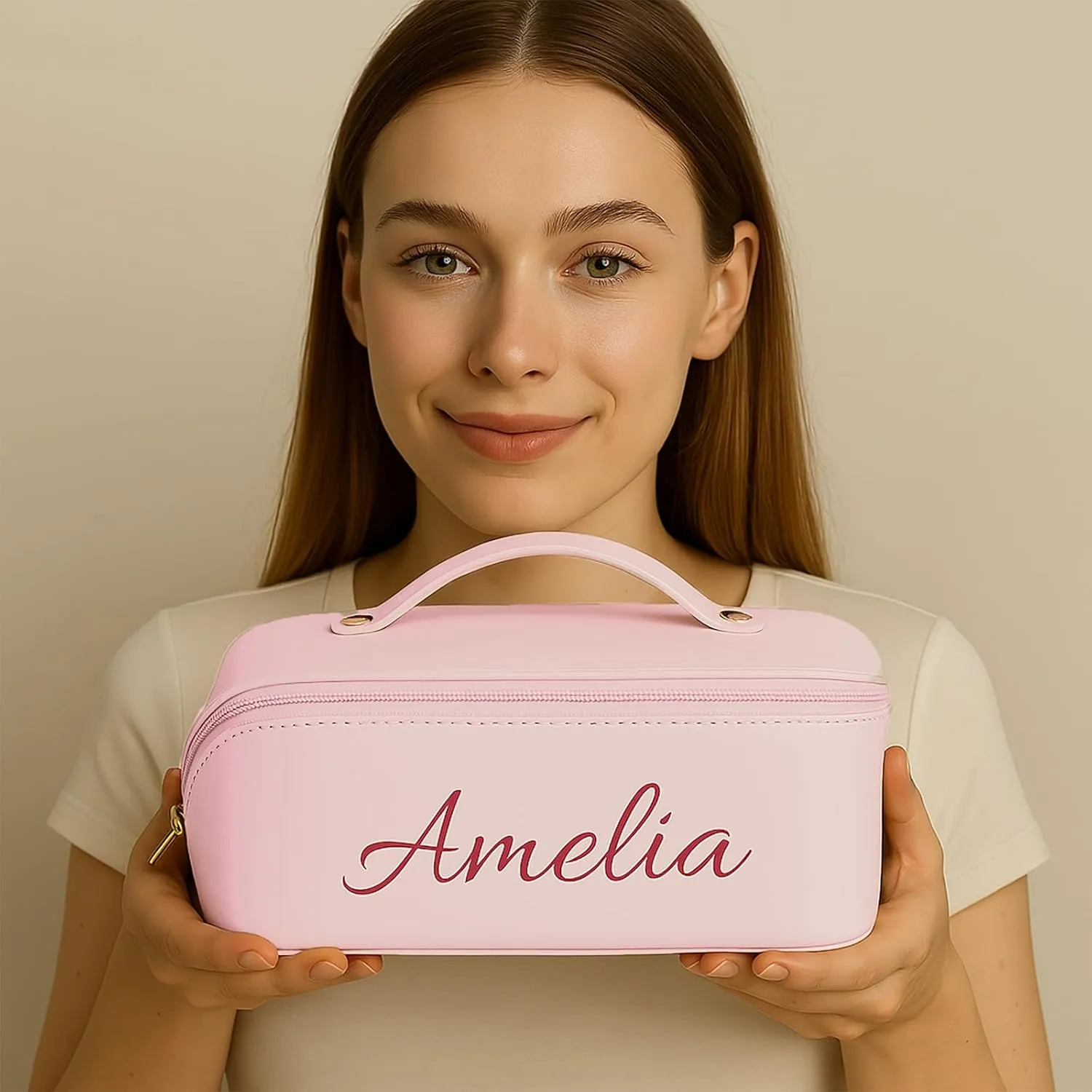Personalized Makeup Bag with Your Embroidery Text,Large Capacity Waterproof Leather Travel Comestic Toiletry Bag for Bridesmaid Mother’s Day Women Gifts