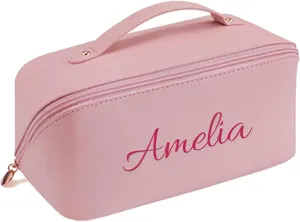Personalized Makeup Bag with Your Embroidery Text,Large Capacity Waterproof Leather Travel Comestic Toiletry Bag for Bridesmaid Mother’s Day Women Gifts