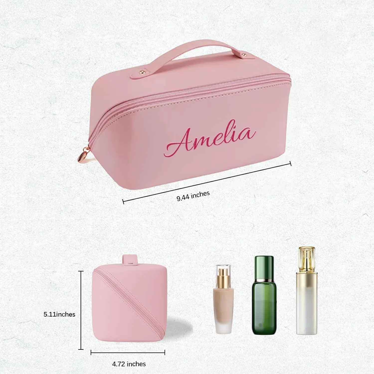 Personalized Makeup Bag with Your Embroidery Text,Large Capacity Waterproof Leather Travel Comestic Toiletry Bag for Bridesmaid Mother’s Day Women Gifts