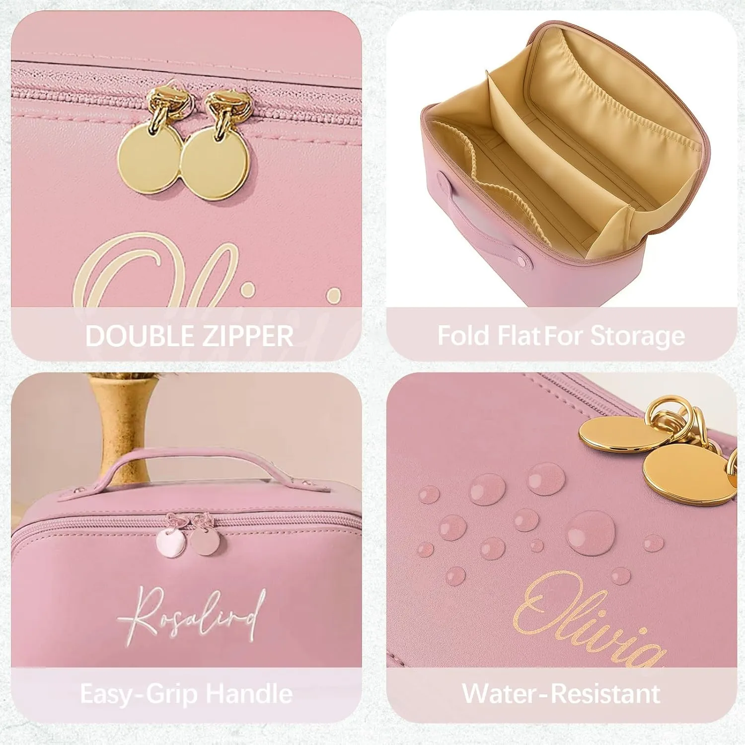 Personalized Makeup Bag with Your Embroidery Text,Large Capacity Waterproof Leather Travel Comestic Toiletry Bag for Bridesmaid Mother’s Day Women Gifts