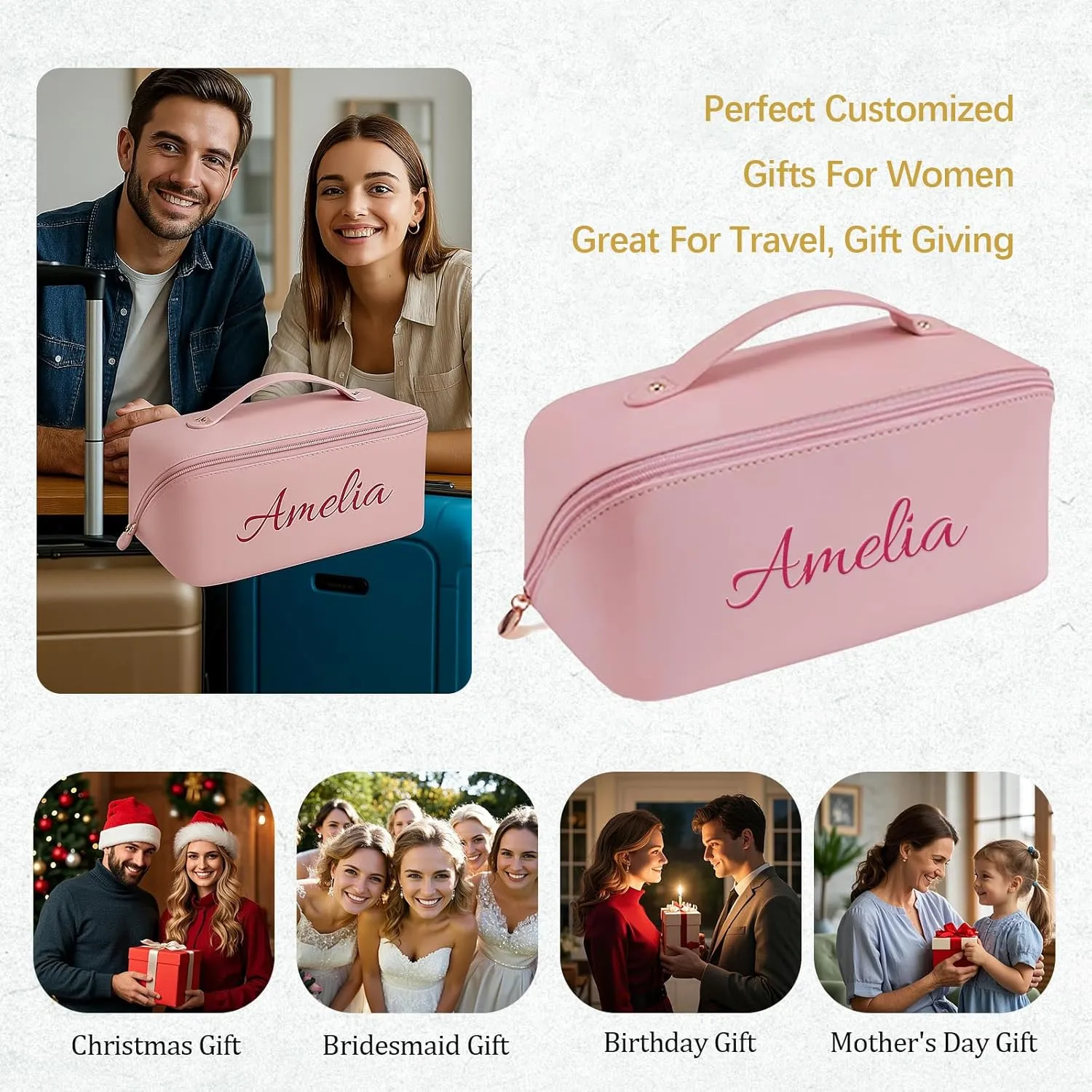 Personalized Makeup Bag with Your Embroidery Text,Large Capacity Waterproof Leather Travel Comestic Toiletry Bag for Bridesmaid Mother’s Day Women Gifts