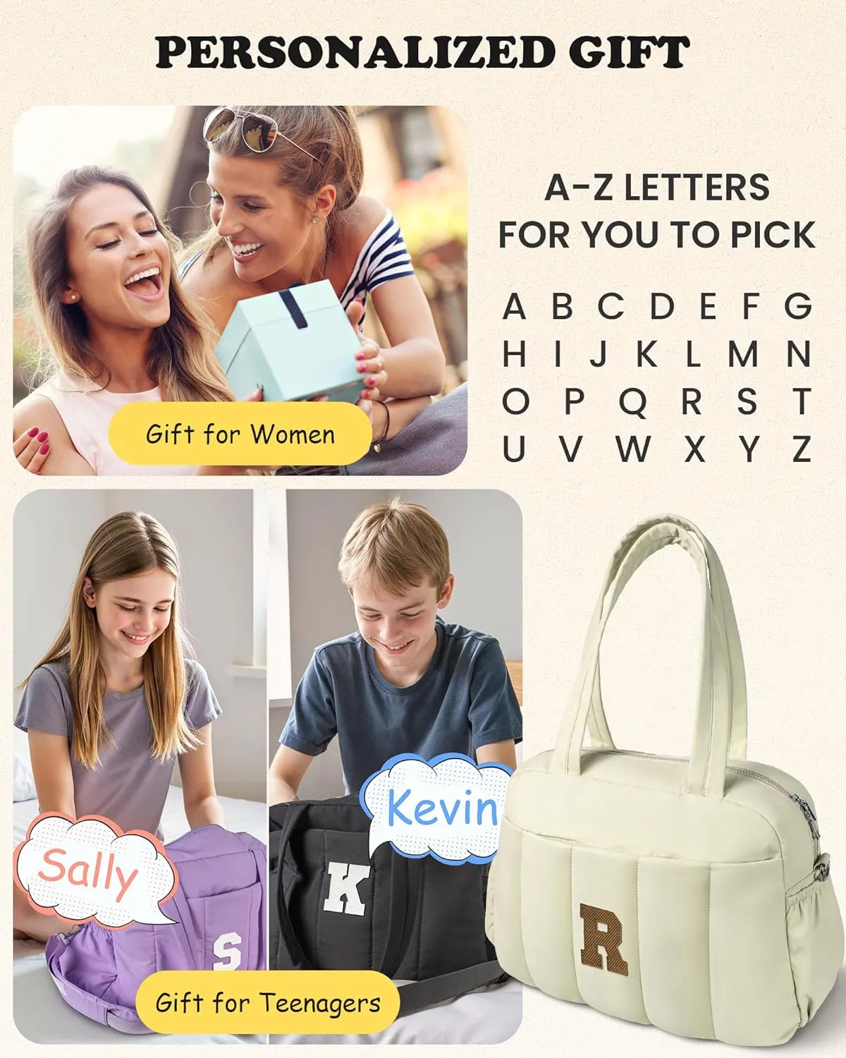 Personalized Teacher Gifts-Initial Lightweight Duffel Bag, Women Weekender Bag, Monogram Overnight Bag, Letter Travel Bag with Makeup Bag，Birthday Gift for Women Girl Daughter (Letter H)