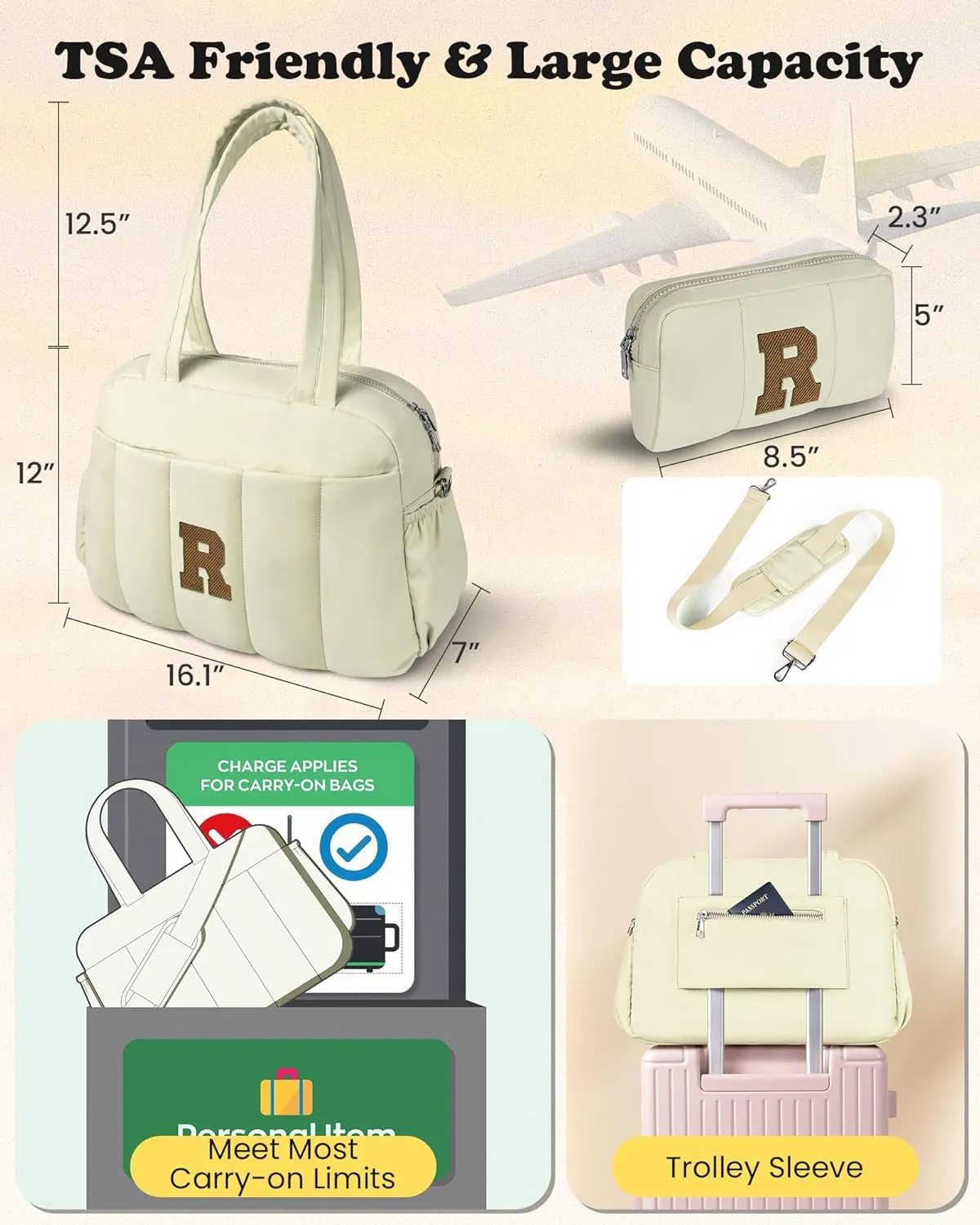 Personalized Teacher Gifts-Initial Lightweight Duffel Bag, Women Weekender Bag, Monogram Overnight Bag, Letter Travel Bag with Makeup Bag，Birthday Gift for Women Girl Daughter (Letter H)