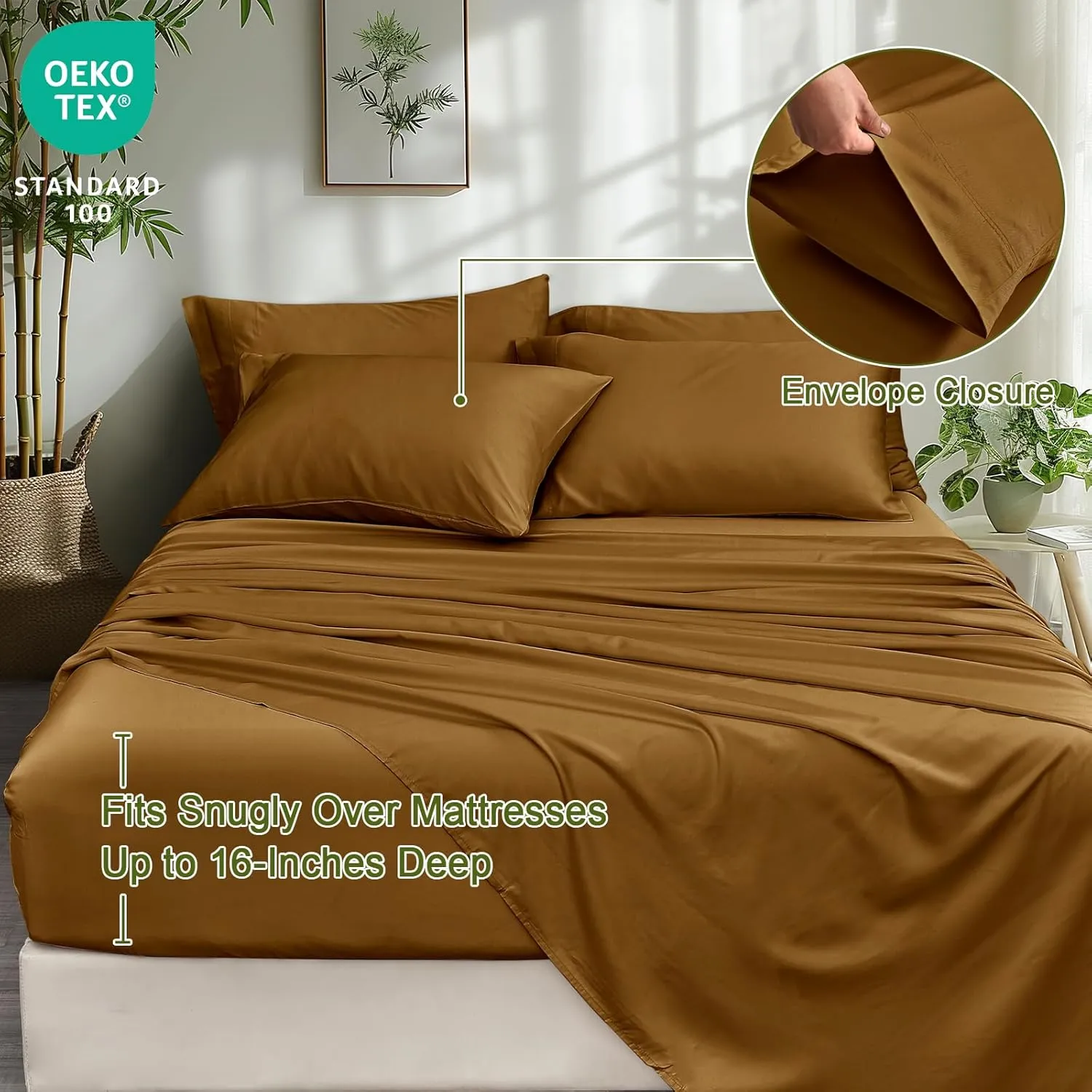 PHF 6PCS 100% Rayon Derived from Bamboo_ Sheets Set King Size, Cooling Sheets,Wider Elastic Band & 16" Deep Pocket, Luxury Silky Soft Breathable Bedding Set & Pillowcase, Brownish Camel