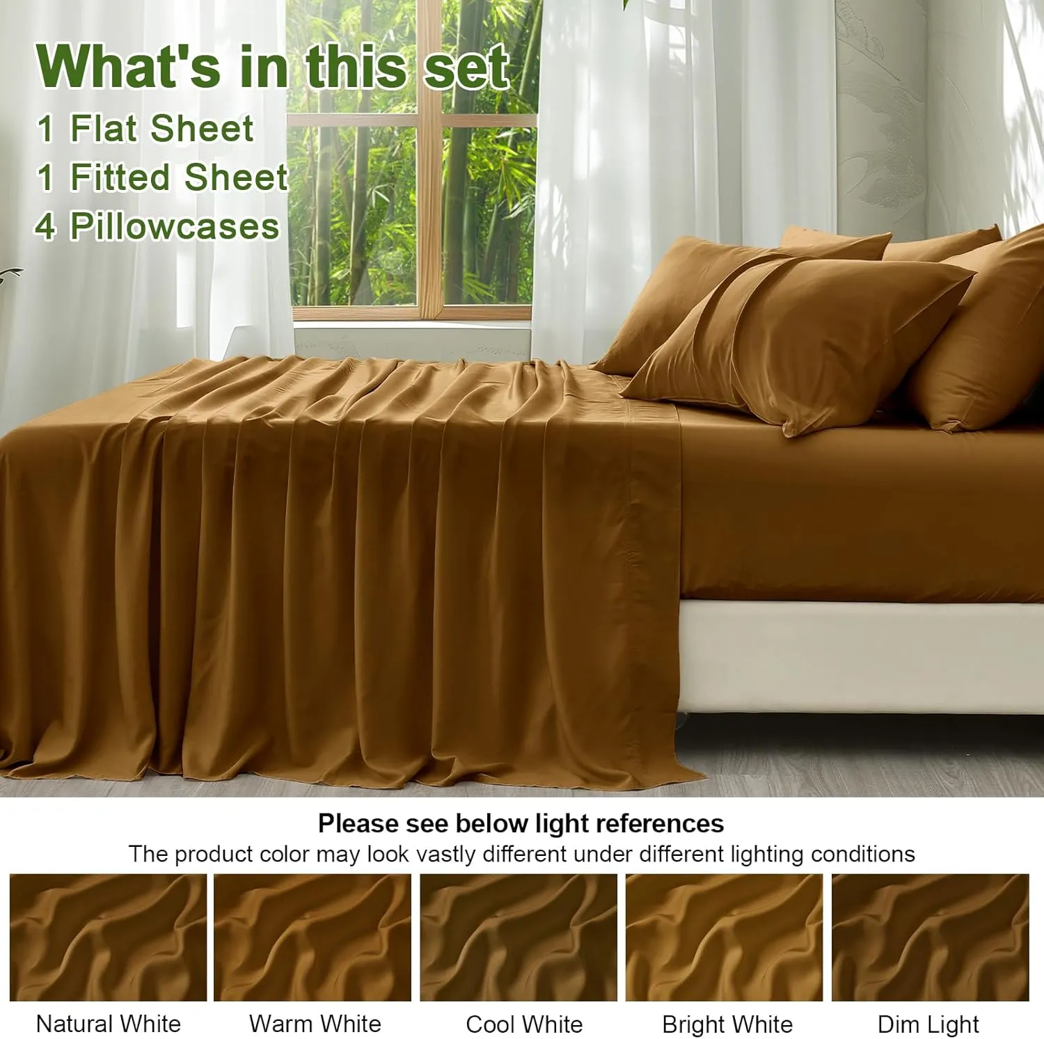 PHF 6PCS 100% Rayon Derived from Bamboo_ Sheets Set King Size, Cooling Sheets,Wider Elastic Band & 16" Deep Pocket, Luxury Silky Soft Breathable Bedding Set & Pillowcase, Brownish Camel