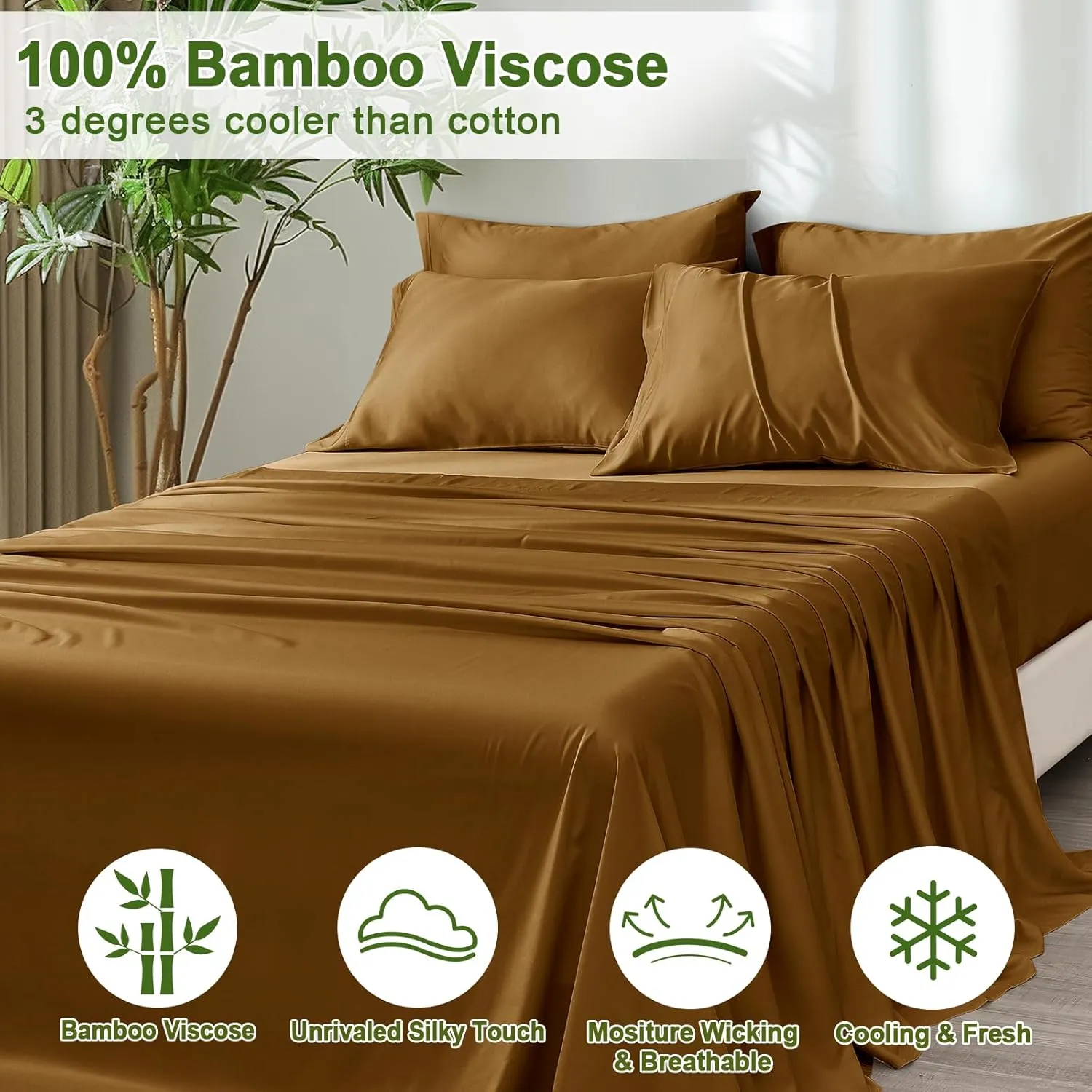 PHF 6PCS 100% Rayon Derived from Bamboo_ Sheets Set King Size, Cooling Sheets,Wider Elastic Band & 16" Deep Pocket, Luxury Silky Soft Breathable Bedding Set & Pillowcase, Brownish Camel