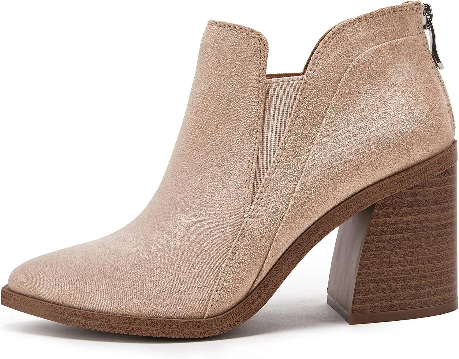 PiePieBuy Ankle Boots for Women Pointed Toe Ankle Booties Stacked Heel V Cut Back Zipper Chelsea Booties