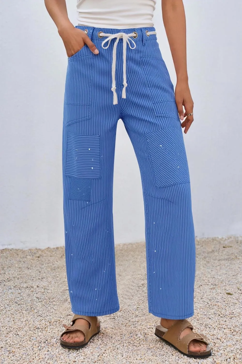 PLNOTME Womens Baggy Barrel Horseshoe Jeans Wide Leg Patchwork Low Rise Denim Pants with Pockets