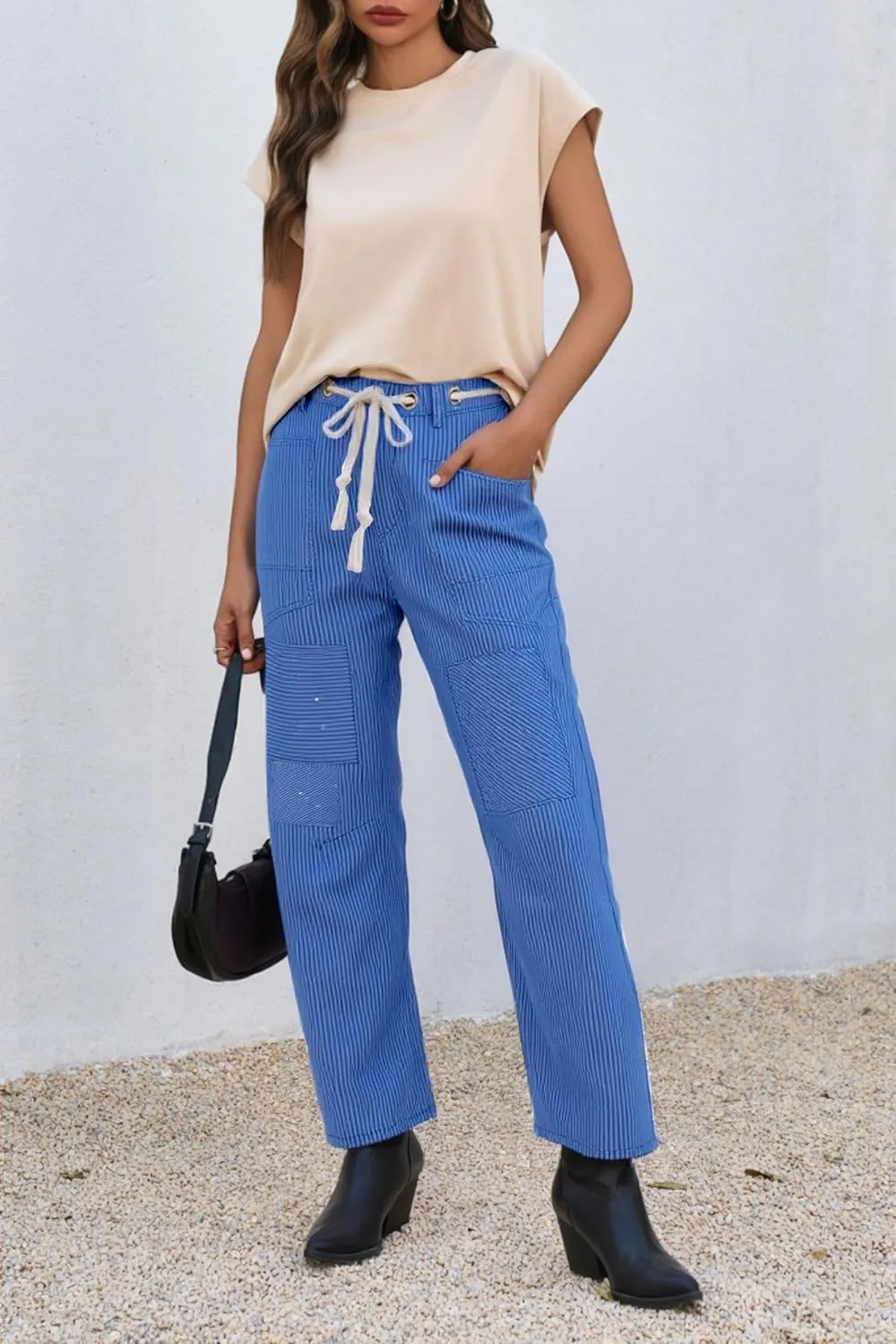 PLNOTME Womens Baggy Barrel Horseshoe Jeans Wide Leg Patchwork Low Rise Denim Pants with Pockets