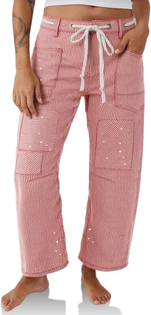 PLNOTME Womens Baggy Barrel Horseshoe Jeans Wide Leg Patchwork Low Rise Denim Pants with Pockets