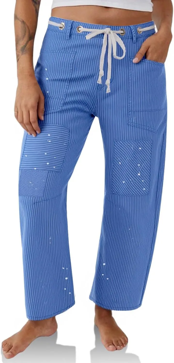 PLNOTME Womens Baggy Barrel Horseshoe Jeans Wide Leg Patchwork Low Rise Denim Pants with Pockets