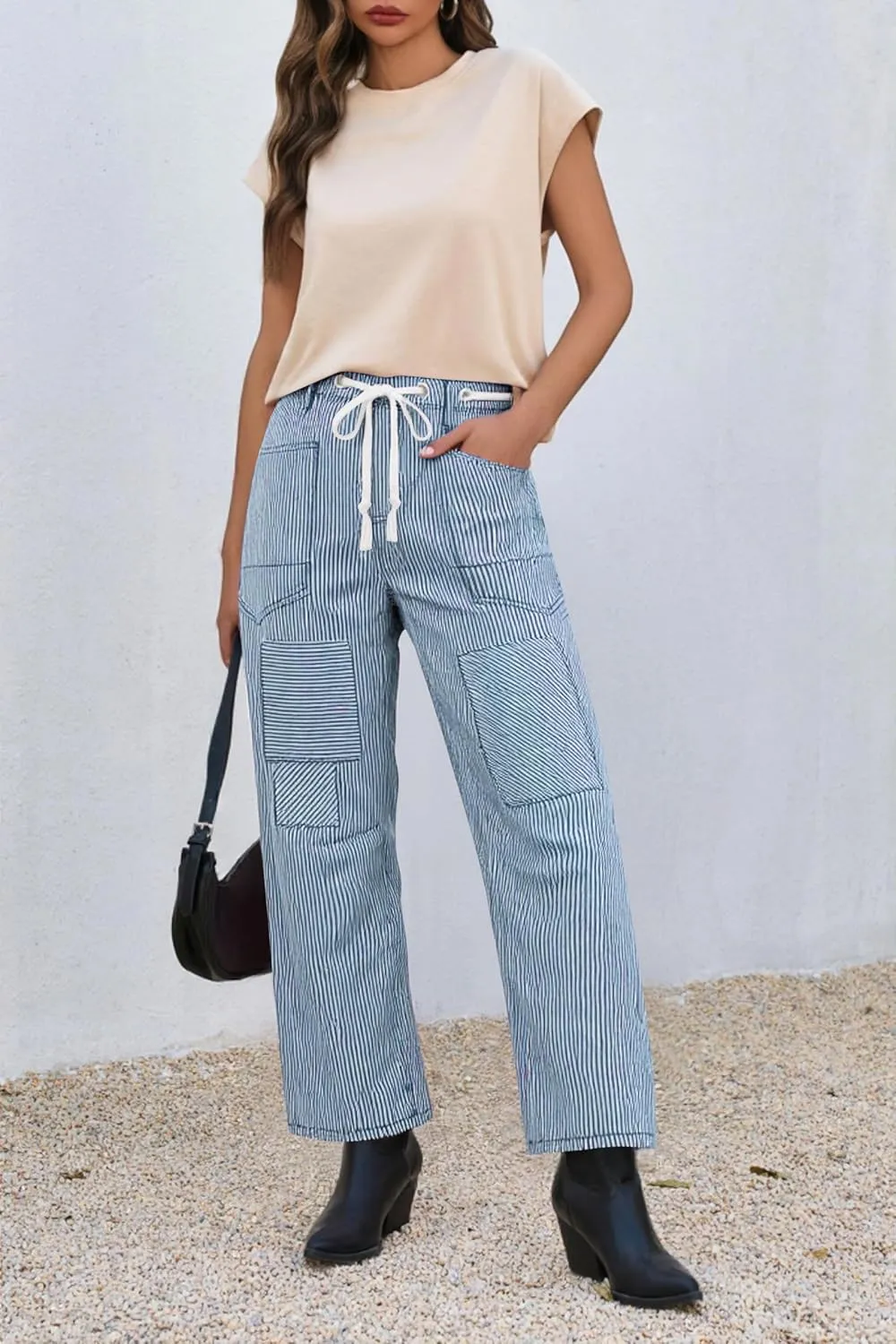 PLNOTME Womens Baggy Barrel Horseshoe Jeans Wide Leg Patchwork Low Rise Denim Pants with Pockets