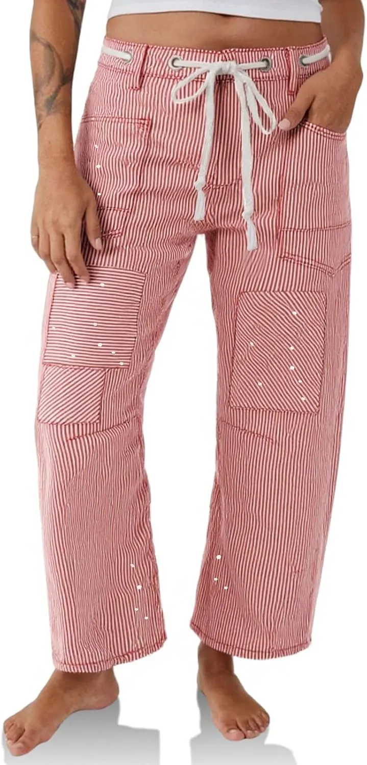 PLNOTME Womens Baggy Barrel Horseshoe Jeans Wide Leg Patchwork Low Rise Denim Pants with Pockets