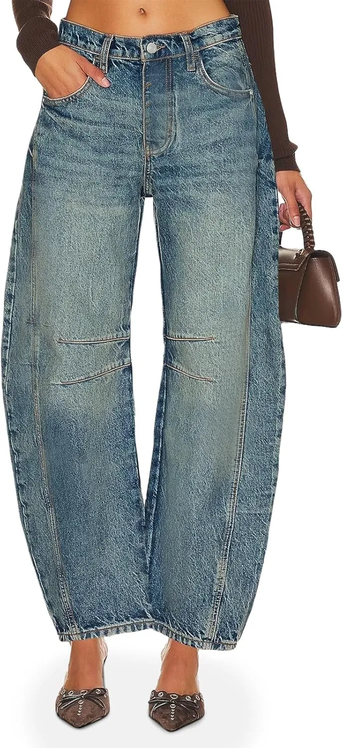 PLNOTME Women's Baggy Boyfriend Jeans Vintage Wide Leg Mid Rise Barrel Denim Ankle Pants