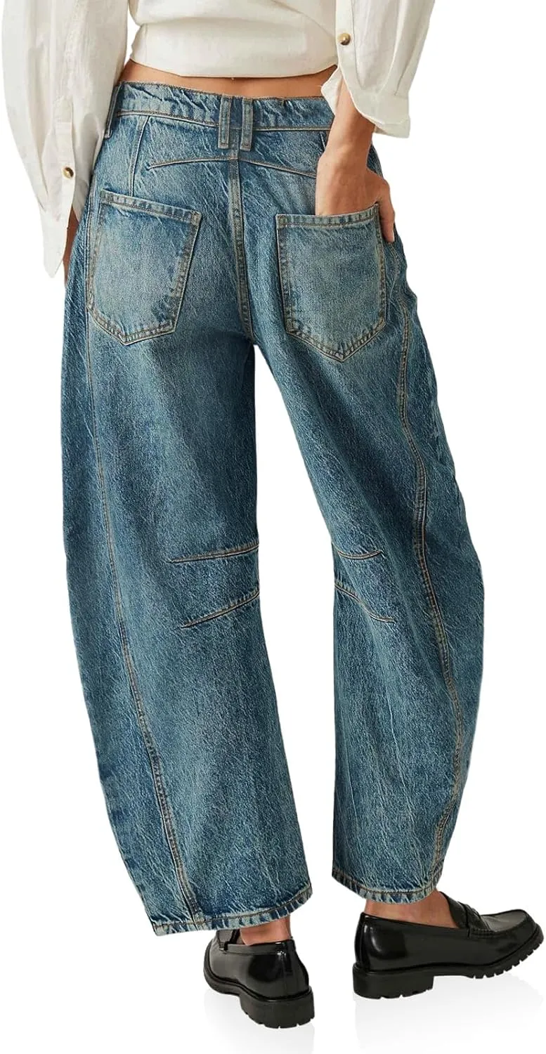 PLNOTME Women's Baggy Boyfriend Jeans Vintage Wide Leg Mid Rise Barrel Denim Ankle Pants