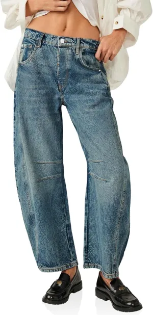 PLNOTME Women's Baggy Boyfriend Jeans Vintage Wide Leg Mid Rise Barrel Denim Ankle Pants