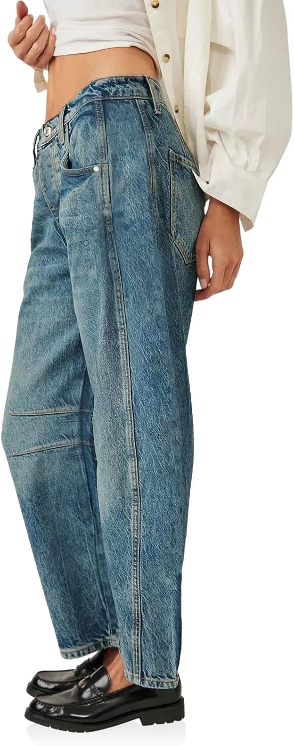 PLNOTME Women's Baggy Boyfriend Jeans Vintage Wide Leg Mid Rise Barrel Denim Ankle Pants