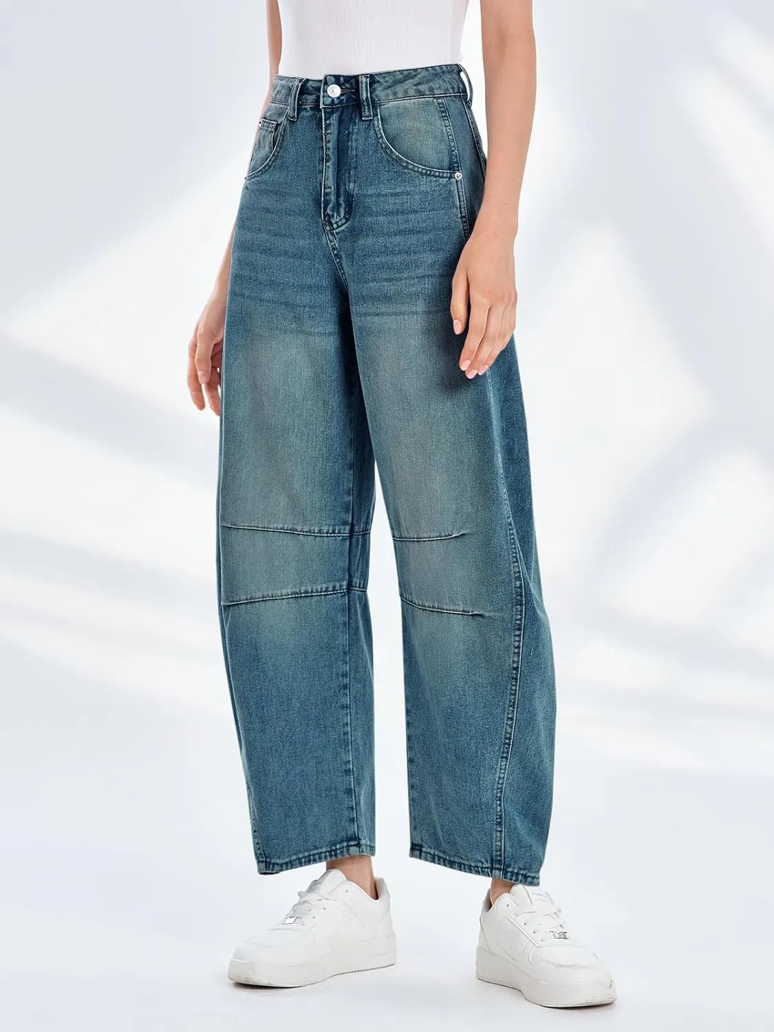 PLNOTME Women's Baggy Boyfriend Jeans Vintage Wide Leg Mid Rise Barrel Denim Ankle Pants