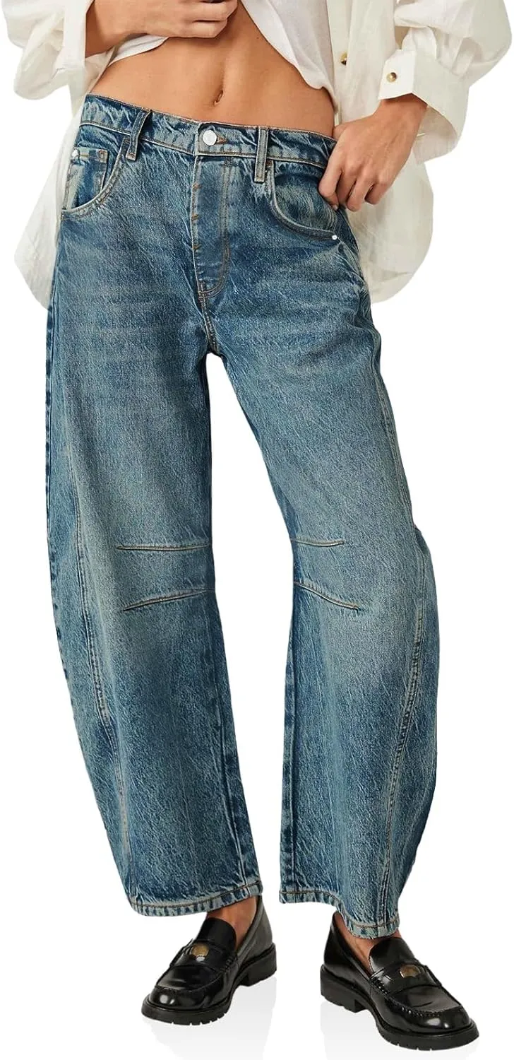 PLNOTME Women's Baggy Boyfriend Jeans Vintage Wide Leg Mid Rise Barrel Denim Ankle Pants