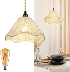 Plug in Pendant Light, Rattan Hanging Lights with Plug in Cord 15FT Cord On/Off Switch Vintage Hanging Lamp, Hand Woven Boho Chandelier for Bedroom, Living Room, Kitchen (Bulb Included) 1 pack