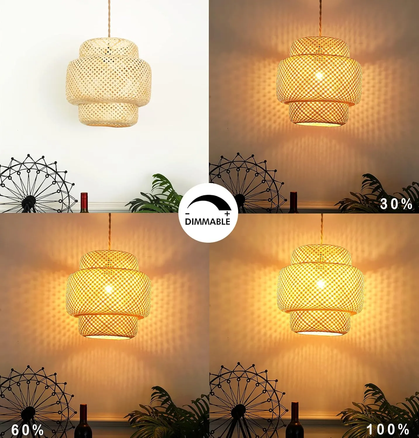Plug in Pendant Light Rattan Hanging Lights with Plug in Cord Bamboo Hanging Lamp Dimmable,Handmade Woven Boho Wicker Basket Lamp Shade,Plug in Ceiling Light Fixture for Living Room Bedroom Kitchen
