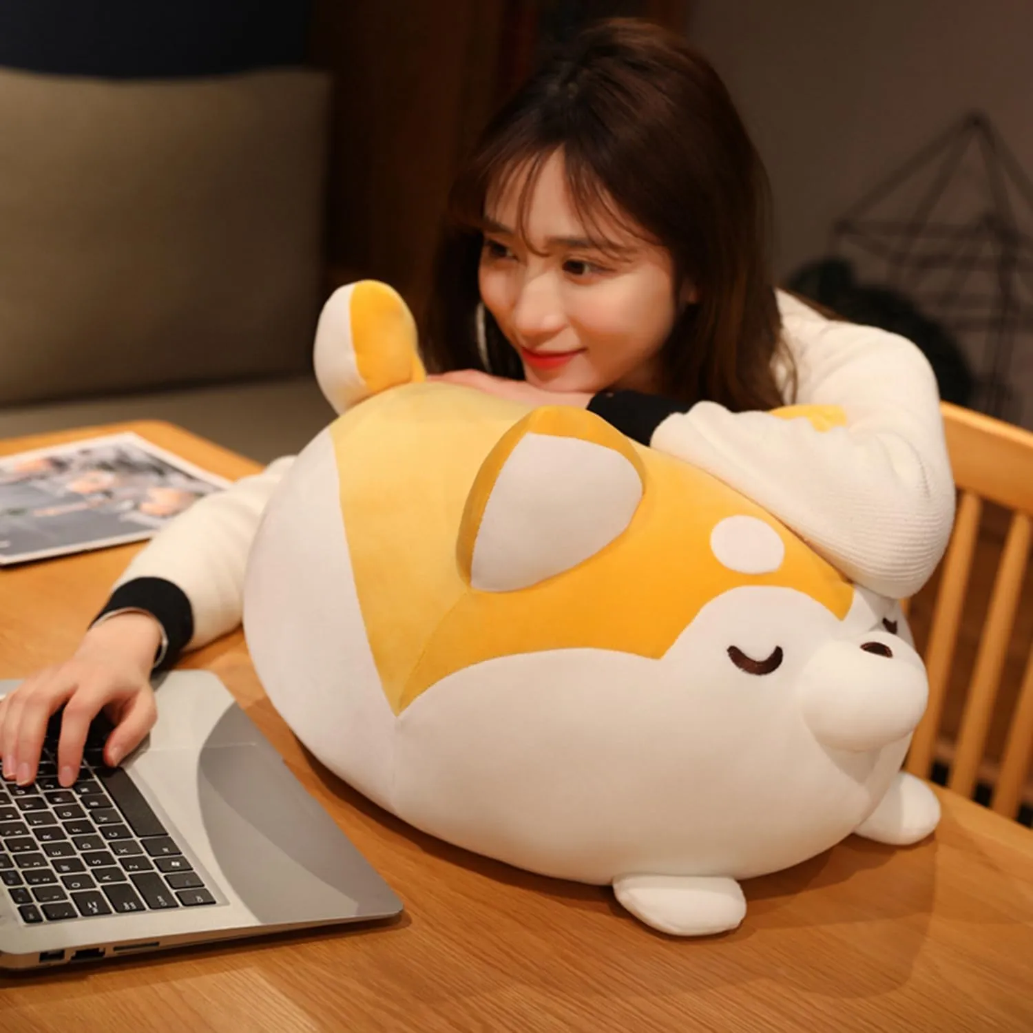 Plush Husky Stuffed Animal Dog Hugging Pillow Cuddly Plushie Toy Huggable Anime Husky Gifts for Kids and Lovers in Birthday, Valentine's (Yellow, 20 Inch)