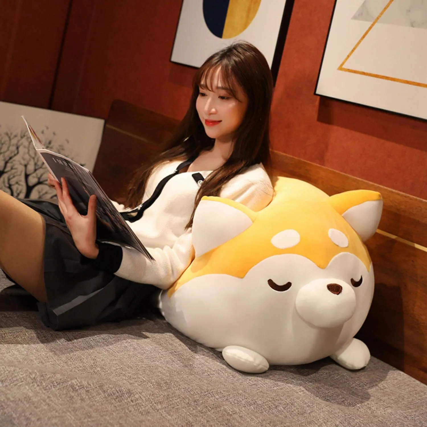 Plush Husky Stuffed Animal Dog Hugging Pillow Cuddly Plushie Toy Huggable Anime Husky Gifts for Kids and Lovers in Birthday, Valentine's (Yellow, 20 Inch)