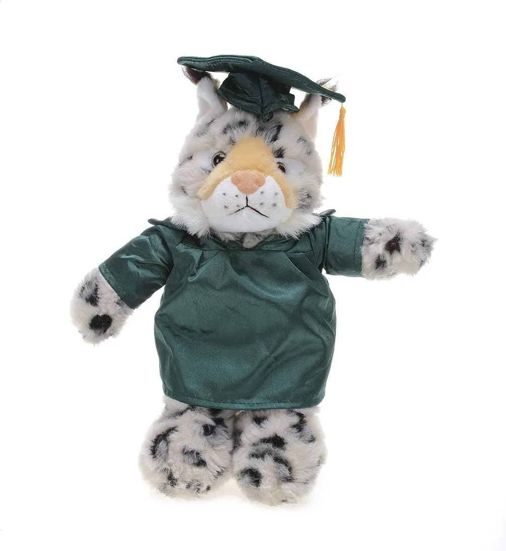 Plushland Bobcat Plush Stuffed Animal Toys Present Gifts for Graduation Day, Personalized Text, Name or Your School Logo on Gown, Best for Any Grad School Kids 12 Inches(Forest Green Cap and Gown)