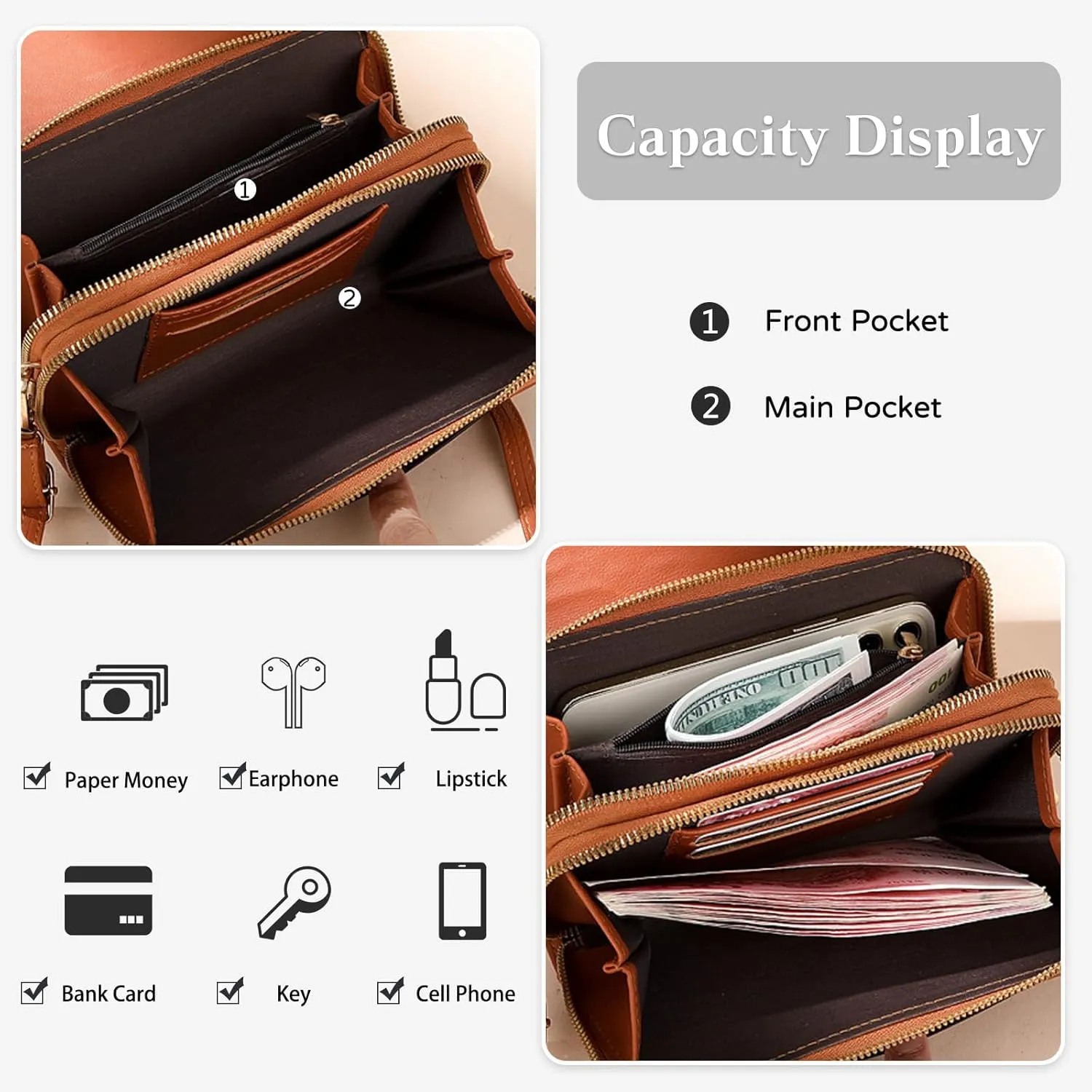 PORRASSO Elegant Wallet Crossbody Phone Bag Women's Shoulder Bag Clutch Purse Bag PU Wallet for Party Wedding Travelling Brown