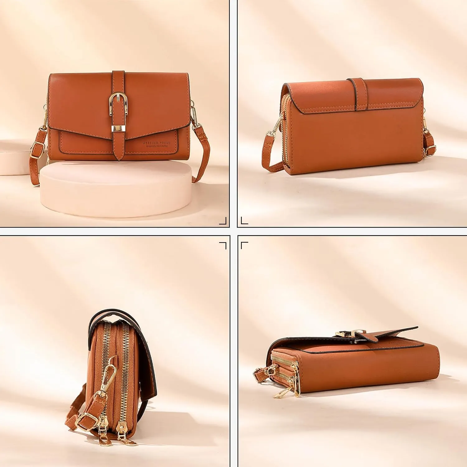 PORRASSO Elegant Wallet Crossbody Phone Bag Women's Shoulder Bag Clutch Purse Bag PU Wallet for Party Wedding Travelling Brown