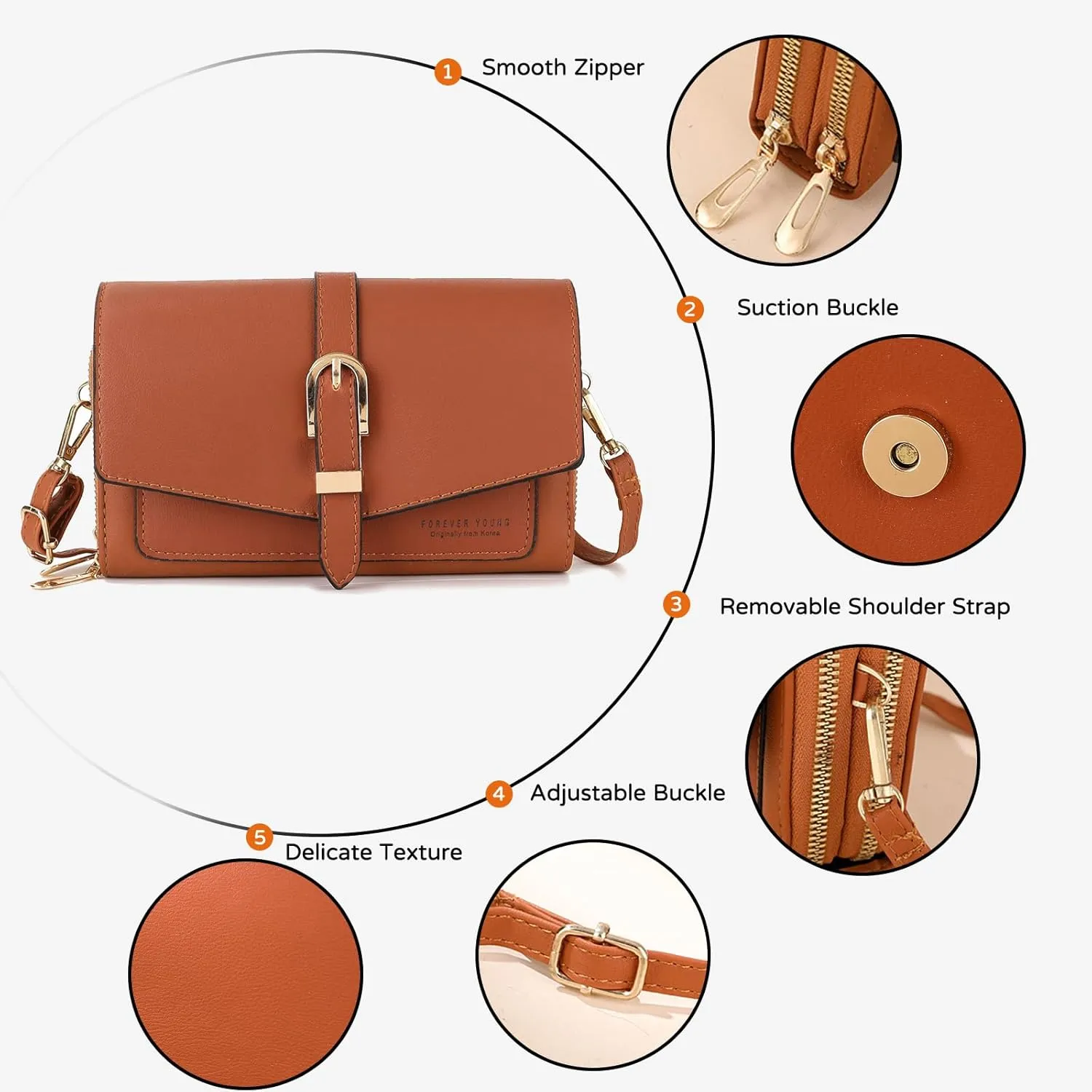 PORRASSO Elegant Wallet Crossbody Phone Bag Women's Shoulder Bag Clutch Purse Bag PU Wallet for Party Wedding Travelling Brown