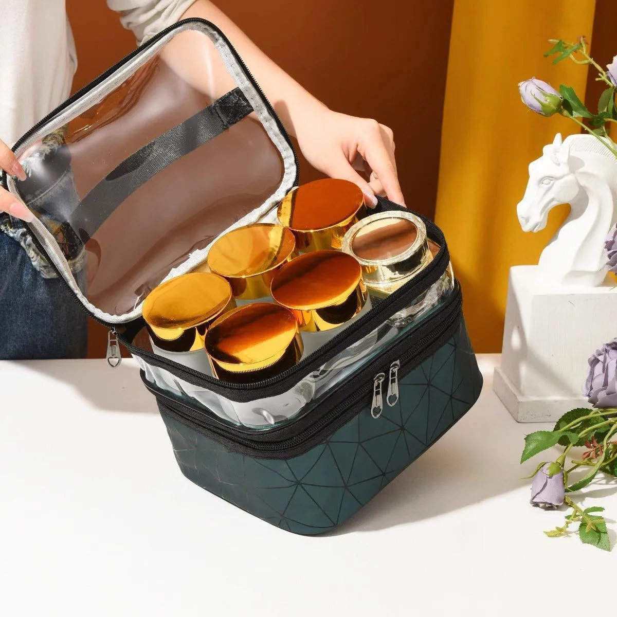 Portable Double-Layer Large Capacity Waterproof Cosmetic Bag Travel Toiletry Bag