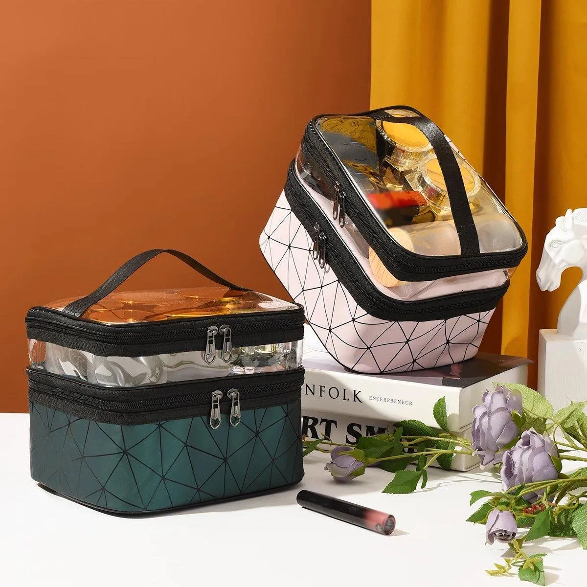 Portable Double-Layer Large Capacity Waterproof Cosmetic Bag Travel Toiletry Bag