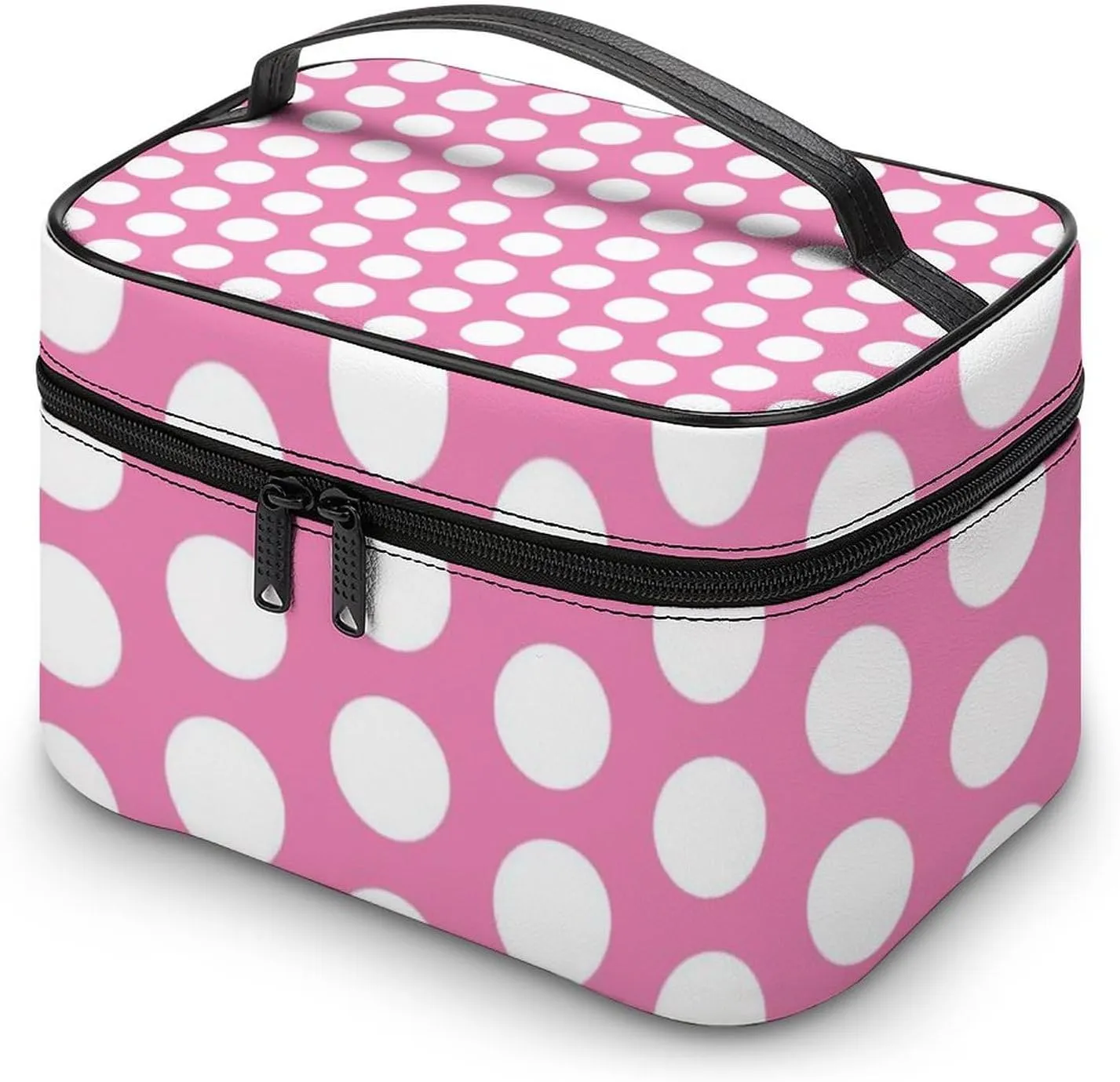 Portable Makeup Bag Travel Cosmetic Case, Light Pink White Polka Dot Zipper Pouch Cosmetic Bag with Handle Toiletry Bag for Women Girls