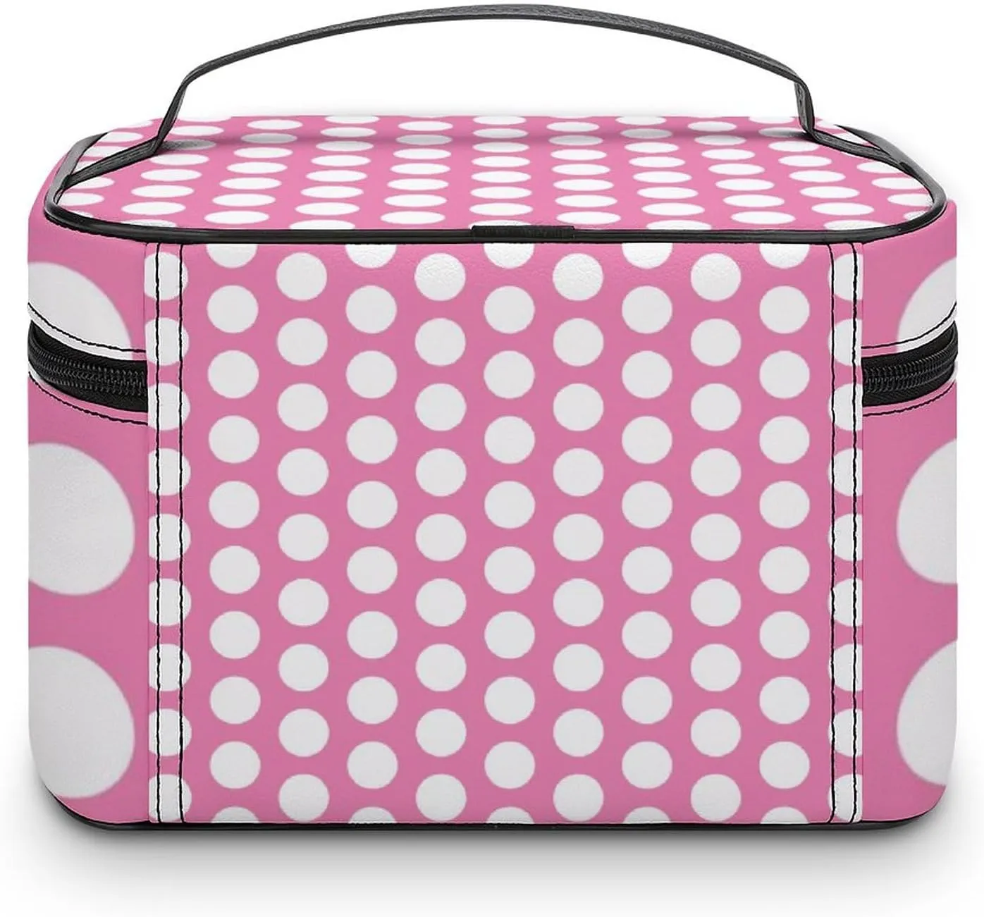 Portable Makeup Bag Travel Cosmetic Case, Light Pink White Polka Dot Zipper Pouch Cosmetic Bag with Handle Toiletry Bag for Women Girls