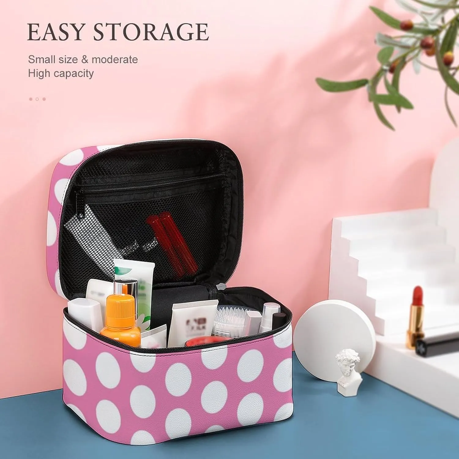 Portable Makeup Bag Travel Cosmetic Case, Light Pink White Polka Dot Zipper Pouch Cosmetic Bag with Handle Toiletry Bag for Women Girls