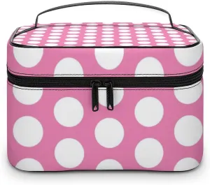 Portable Makeup Bag Travel Cosmetic Case, Light Pink White Polka Dot Zipper Pouch Cosmetic Bag with Handle Toiletry Bag for Women Girls