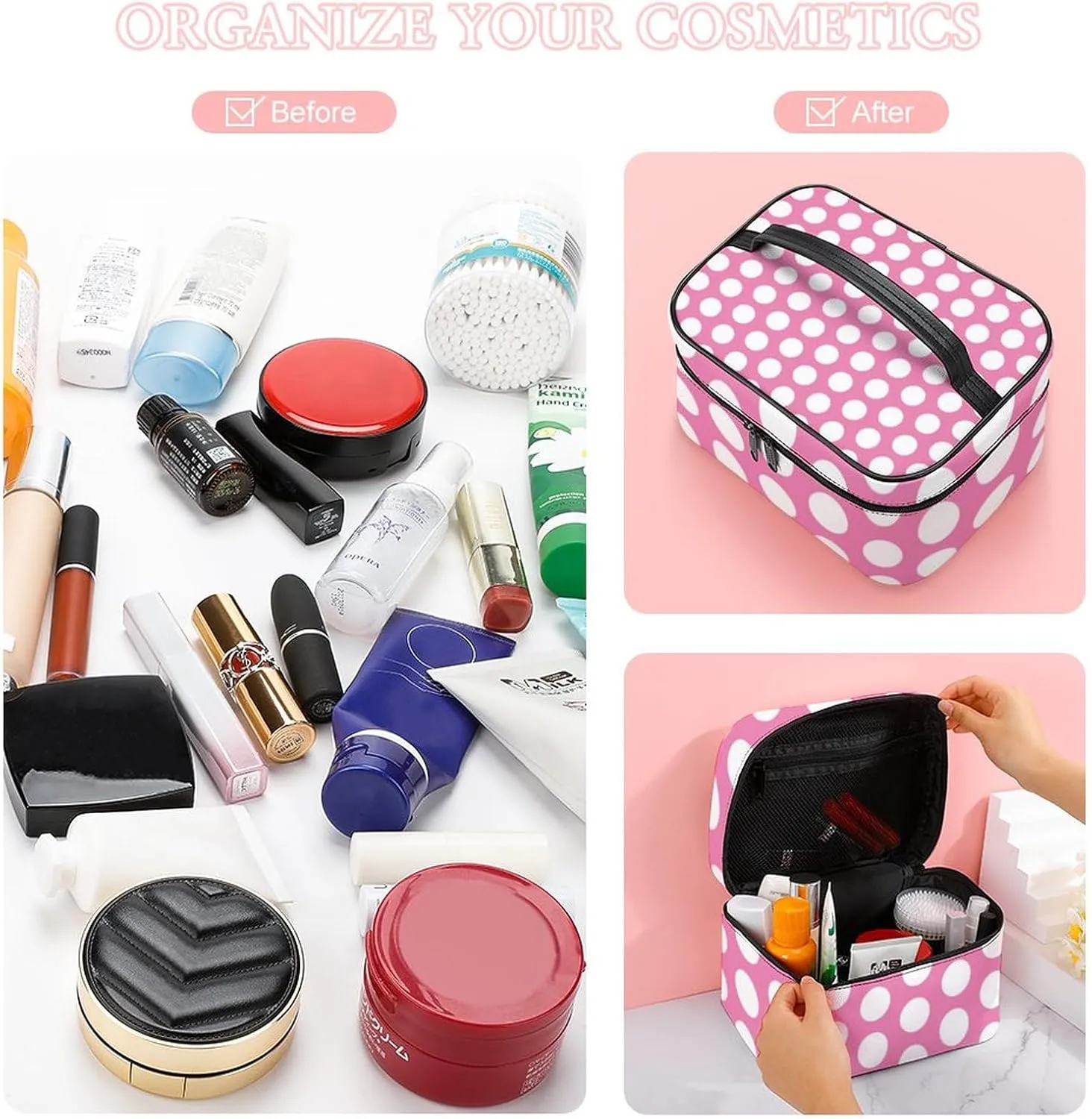 Portable Makeup Bag Travel Cosmetic Case, Light Pink White Polka Dot Zipper Pouch Cosmetic Bag with Handle Toiletry Bag for Women Girls