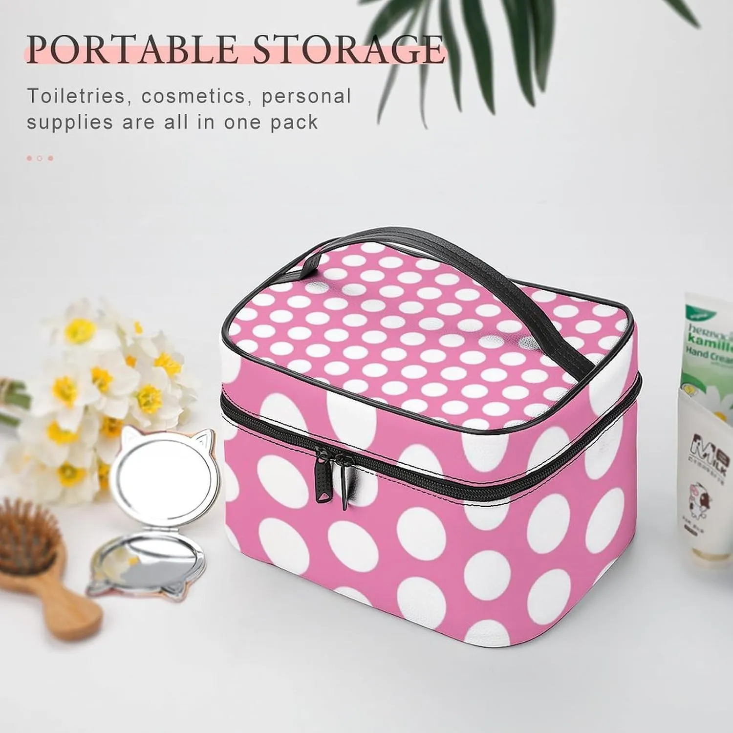 Portable Makeup Bag Travel Cosmetic Case, Light Pink White Polka Dot Zipper Pouch Cosmetic Bag with Handle Toiletry Bag for Women Girls