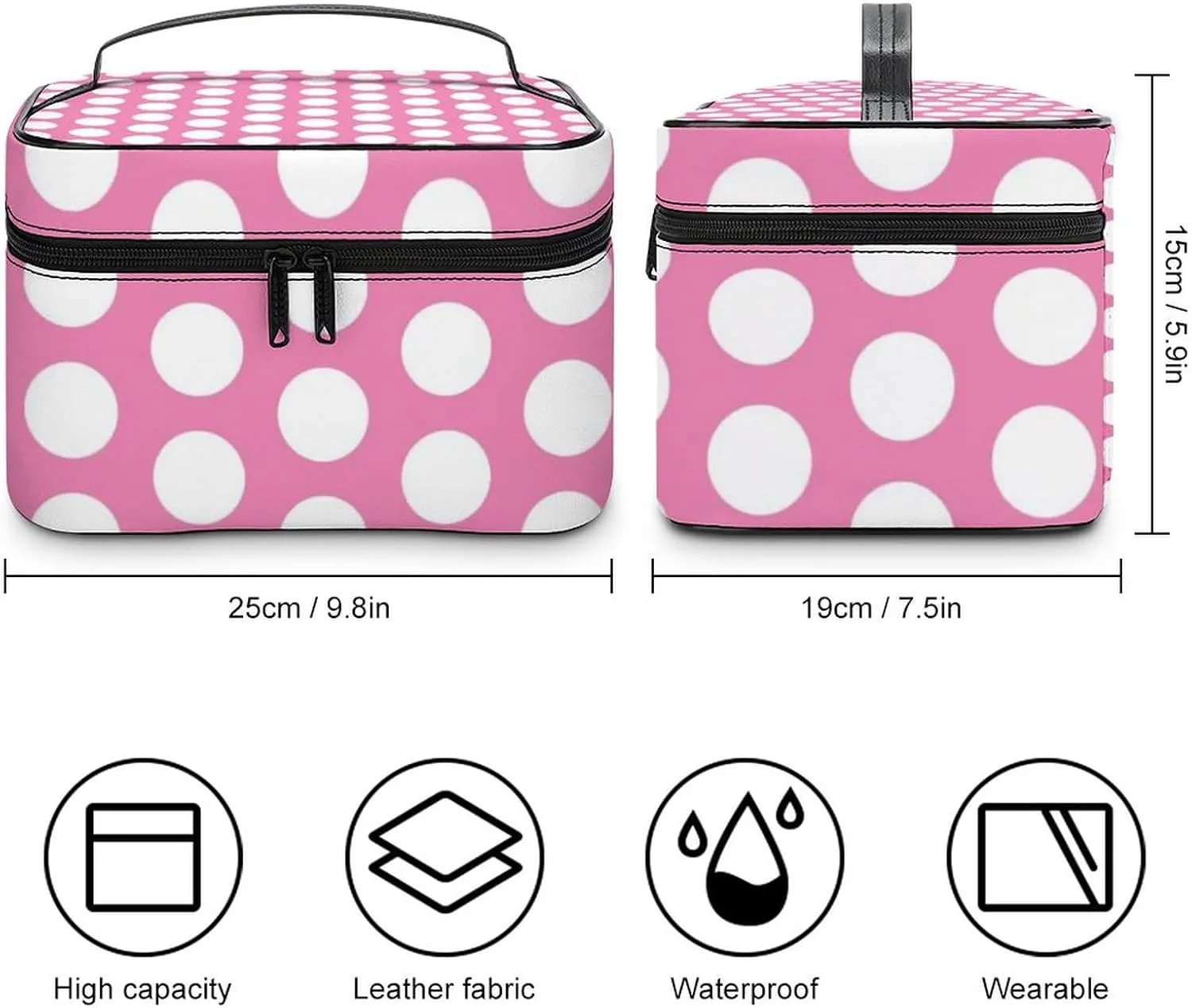 Portable Makeup Bag Travel Cosmetic Case, Light Pink White Polka Dot Zipper Pouch Cosmetic Bag with Handle Toiletry Bag for Women Girls