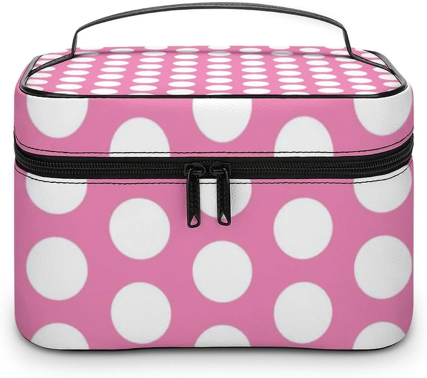 Portable Makeup Bag Travel Cosmetic Case, Light Pink White Polka Dot Zipper Pouch Cosmetic Bag with Handle Toiletry Bag for Women Girls