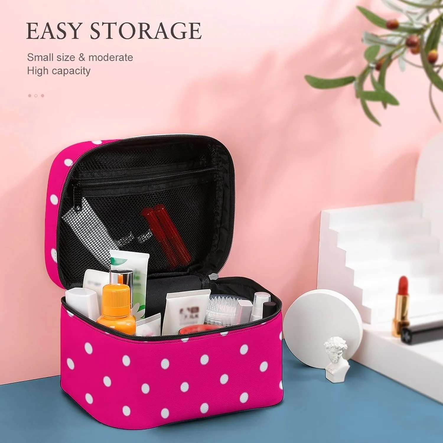 Portable Makeup Bag Travel Cosmetic Case, Polka Dot Hot Pink Zipper Pouch Cosmetic Bag with Handle Toiletry Bag for Women Girls