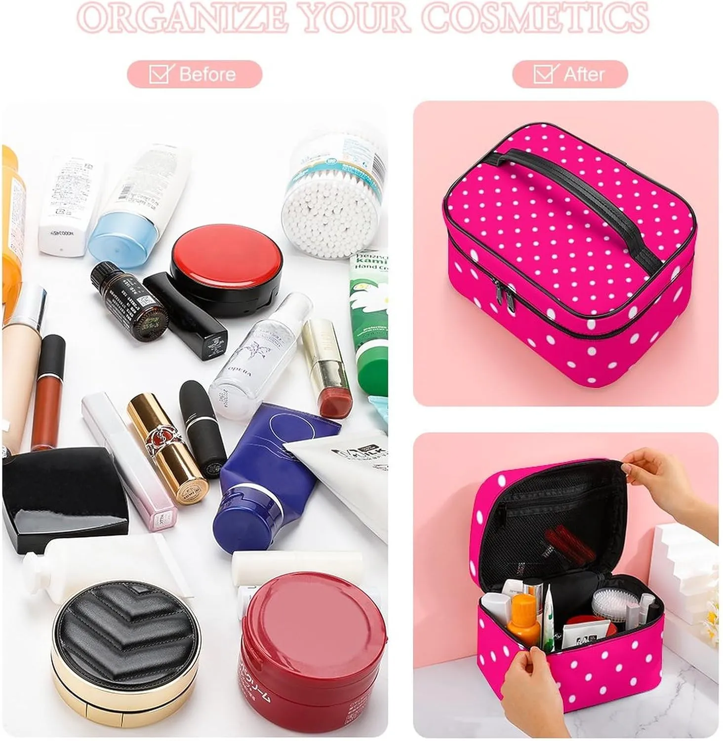 Portable Makeup Bag Travel Cosmetic Case, Polka Dot Hot Pink Zipper Pouch Cosmetic Bag with Handle Toiletry Bag for Women Girls