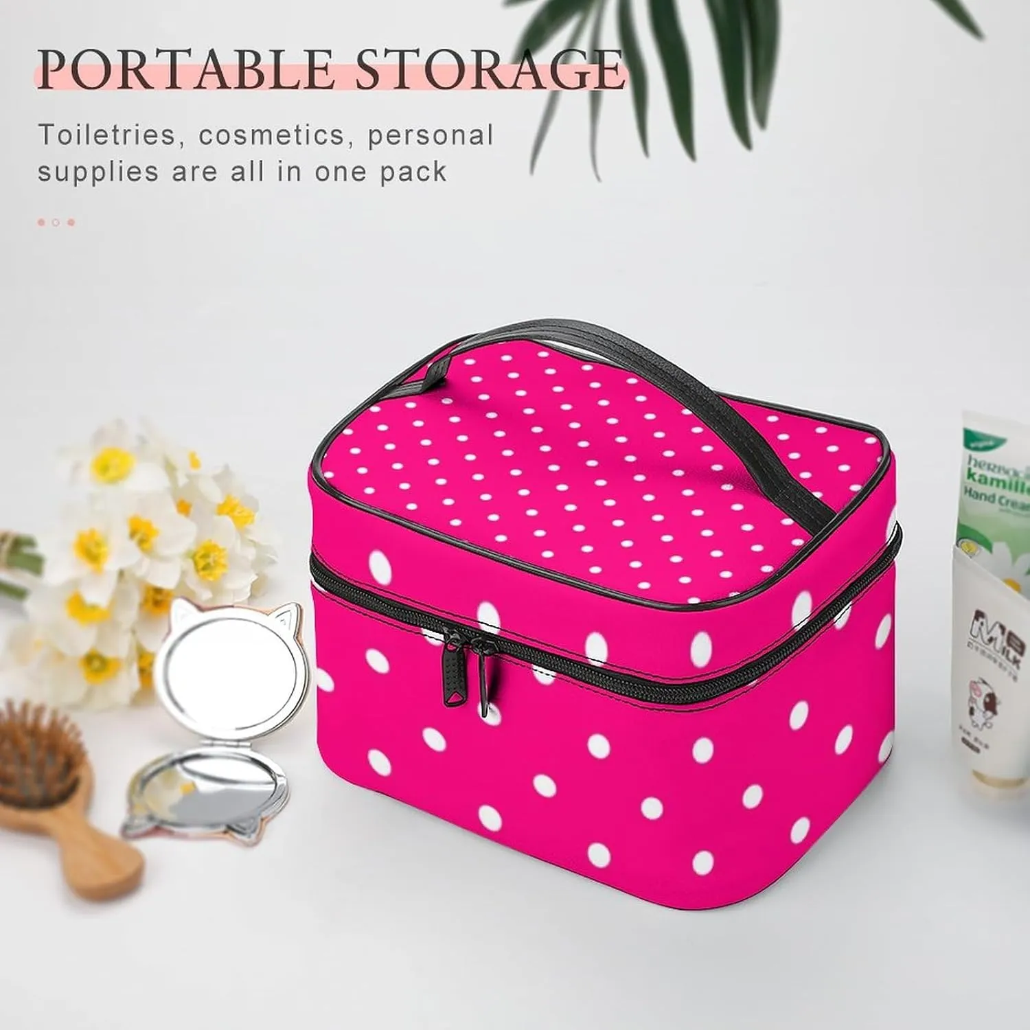 Portable Makeup Bag Travel Cosmetic Case, Polka Dot Hot Pink Zipper Pouch Cosmetic Bag with Handle Toiletry Bag for Women Girls