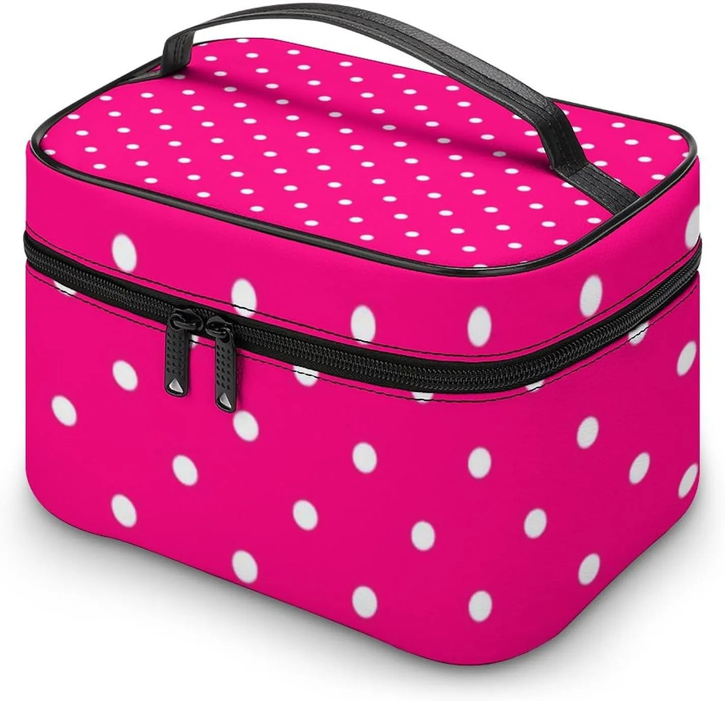 Portable Makeup Bag Travel Cosmetic Case, Polka Dot Hot Pink Zipper Pouch Cosmetic Bag with Handle Toiletry Bag for Women Girls