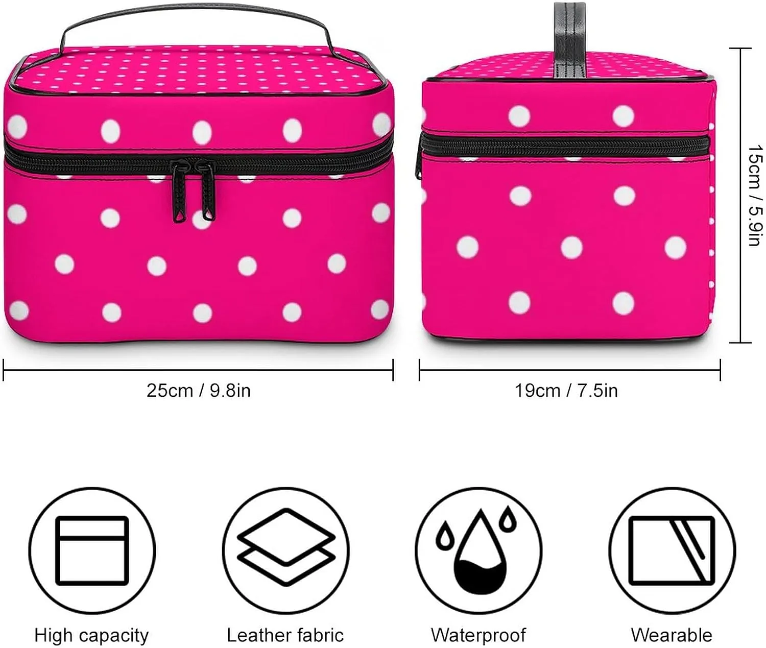 Portable Makeup Bag Travel Cosmetic Case, Polka Dot Hot Pink Zipper Pouch Cosmetic Bag with Handle Toiletry Bag for Women Girls