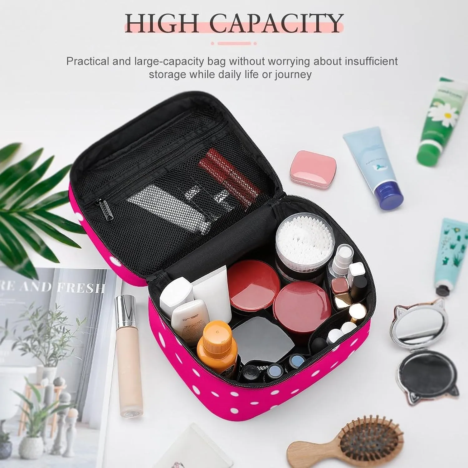 Portable Makeup Bag Travel Cosmetic Case, Polka Dot Hot Pink Zipper Pouch Cosmetic Bag with Handle Toiletry Bag for Women Girls