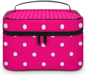 Portable Makeup Bag Travel Cosmetic Case, Polka Dot Hot Pink Zipper Pouch Cosmetic Bag with Handle Toiletry Bag for Women Girls
