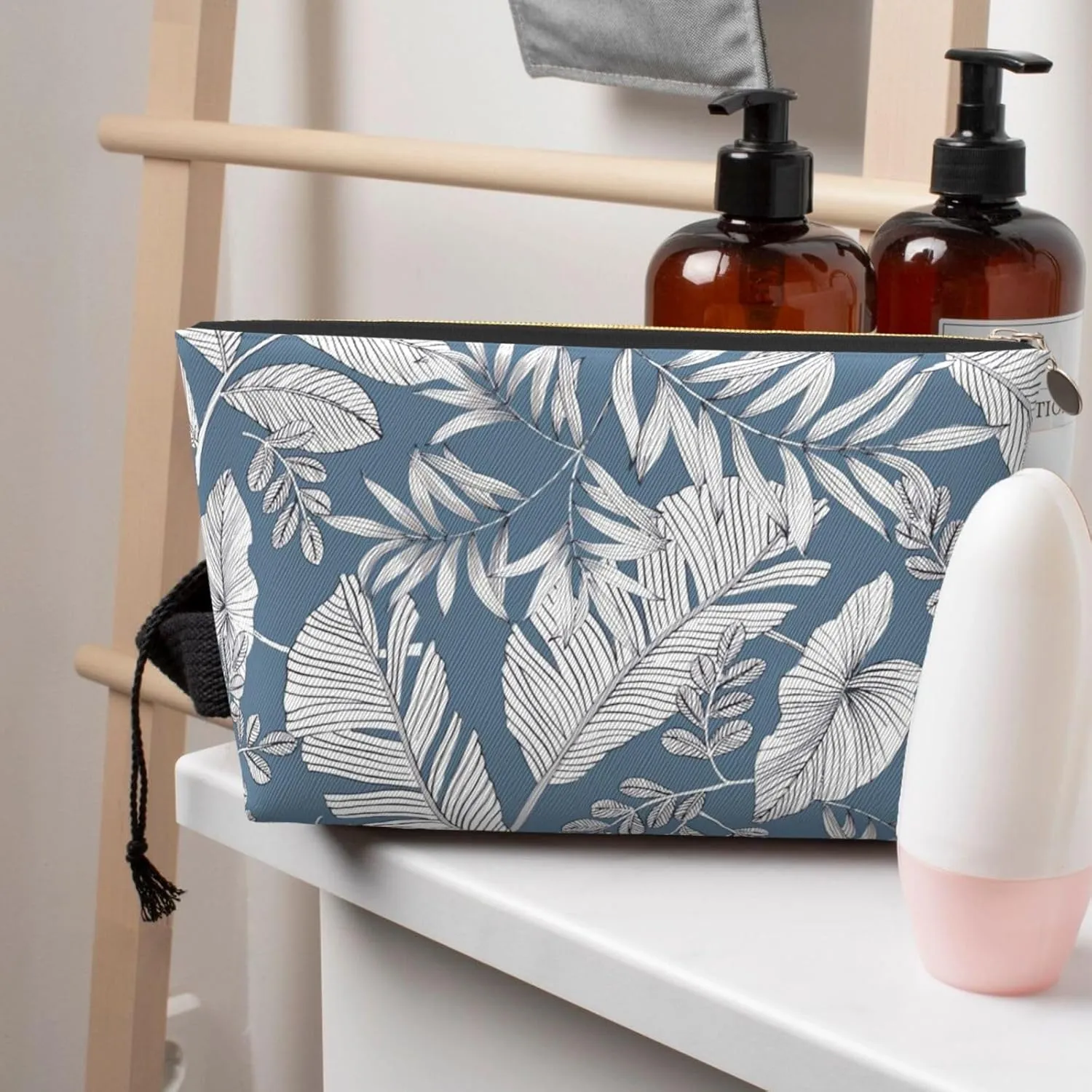 Portable Makeup Bag Zipper Pouch Travel Make up Organizer Bag Toiletry bag Water-resistant Aesthetic PVC Leather Cosmetic Bags for Women and Girls with Blue Leaf