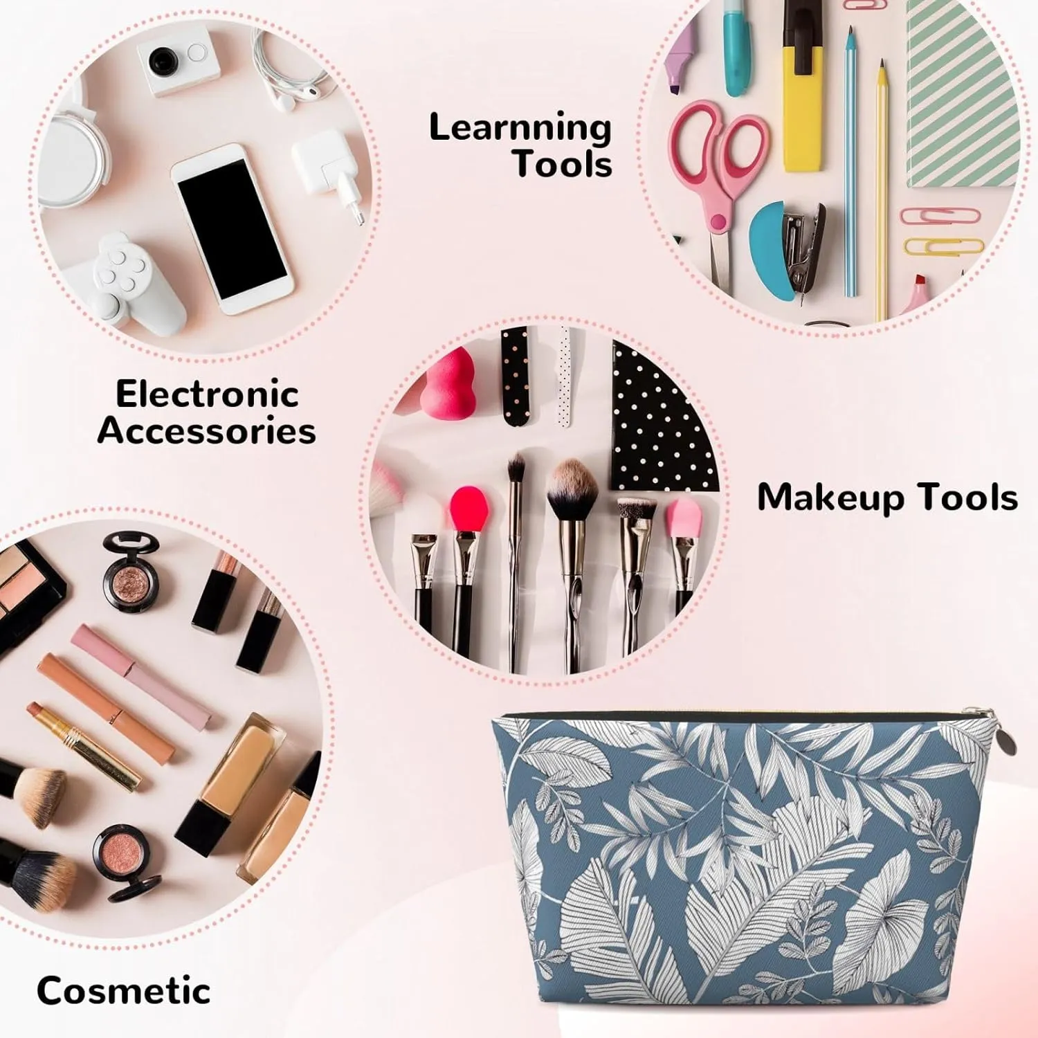 Portable Makeup Bag Zipper Pouch Travel Make up Organizer Bag Toiletry bag Water-resistant Aesthetic PVC Leather Cosmetic Bags for Women and Girls with Blue Leaf
